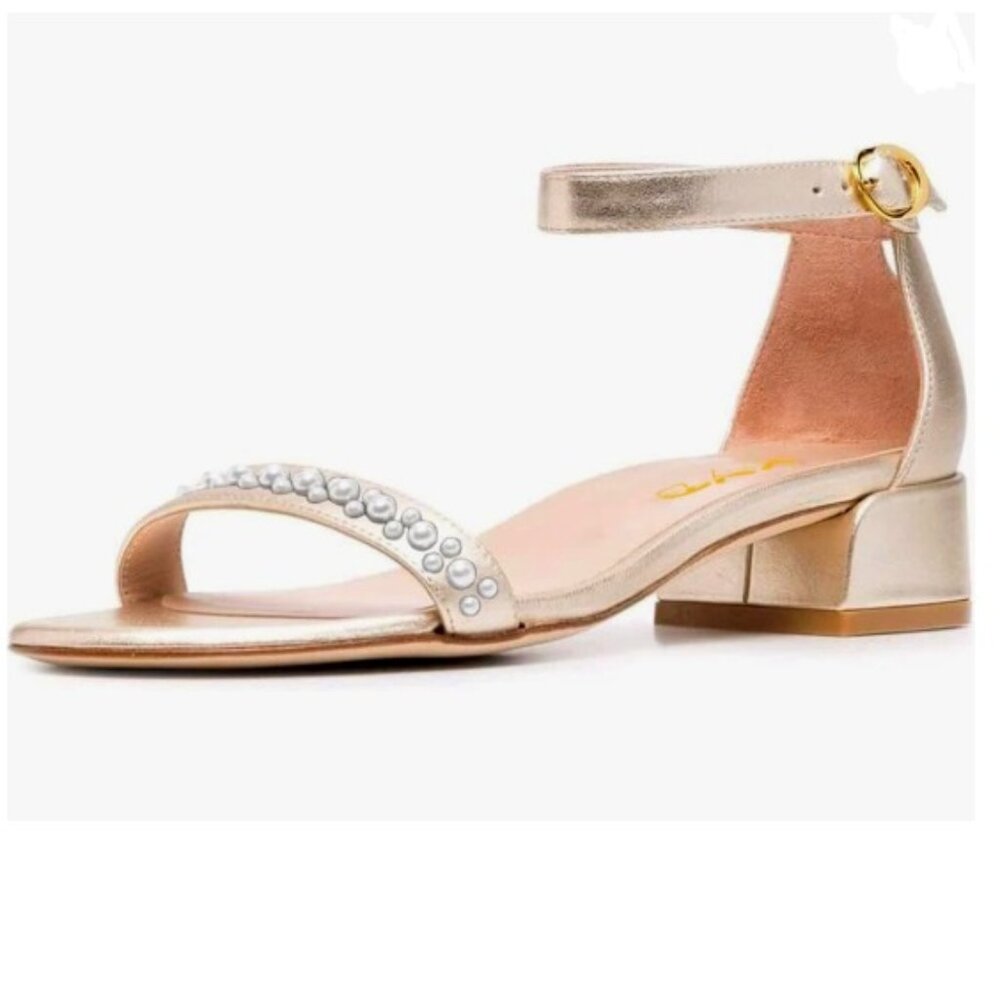 XYD Light Gold Pearls Open Toe Strappy Low Block Heel Sandal Ankle Strap Shoes